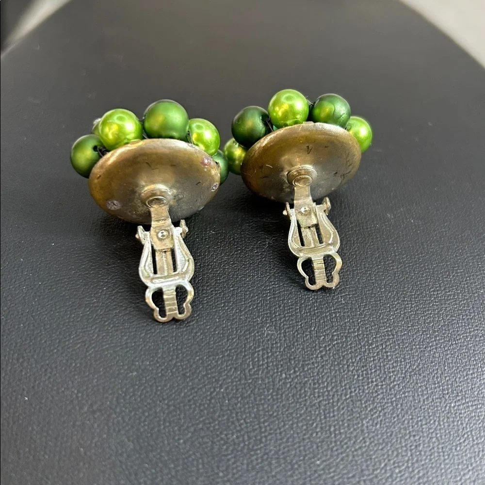 Vintage Japan Green Beaded Cluster Clip On Earrings